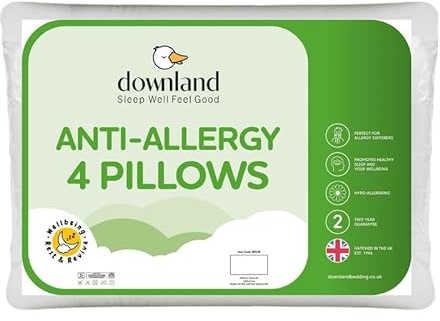 Downland Anti Allergy Pillows 4 Pack – Hypoallergenic & Anti Bacterial Bed Pillows for Back & Side Sleepers | Soft, Breathable & Machine Washable Pillows for Allergy Sufferers (46x69cm)