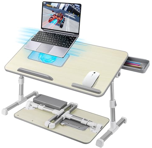 AirOpen Laptoptisch fürs Bett, Höhenverstellbar, Winkelverstellbar, Betttisch Klappbar mit Laptop Kühler, Schublade, Laptop Tisch für Bett, Sofa, Couch, Boden (60 x 34 cm, Beige)