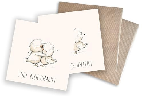 WBdesignz Grußkarten 2er-Set „Fühl dich umarmt“ – rostkarten mit liebevollem Vogel-Motiv – Aufmuntern & Trösten – mit Umschlägen 125 x 125 mm