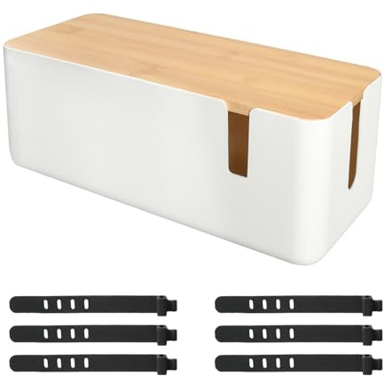 Boîte de Gestion des Câbles 6 Serre-câbles, Boite Cache Cable, Boîte de Rangement pour Cordon avec Couvercle en Bambou Bureau, Rangement pour Multiprises, Organisateur Cable, Cacher Câbles (Blanc)