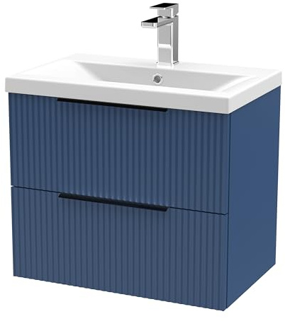 Balterley Vanity Unit with Basin Wall Hung, 2 Drawer Soft Close with Mid Edge Sink and Handles, Bathroom Vanity Units with Basin, Fluted Front Sink Cabinet - 610 x 390 x 540mm (Blue)