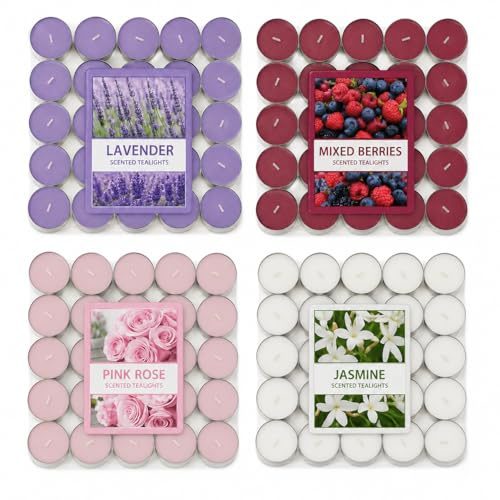 Scented Tealight Candles 100 Pack | Mixed Fragrance Set – Lavender, Rose, Jasmine & Mixed Berries | Long Burning Decorative Tea Lights for Home, Parties & Relaxation