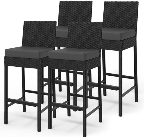 Garvee 4er-Set Barhocker aus Geflochtenem Rattan Für Den Außenbereich, Armlose Terrassenhocker und Barstühle aus Rattan, Barhocker in Barhöhe mit Weichem Sitzkissen