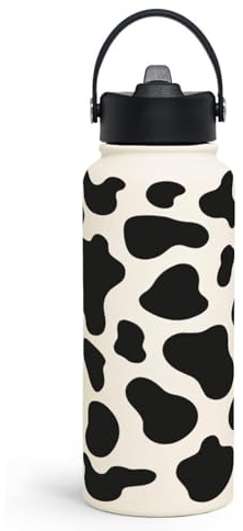 Bryxora Insulated Water Bottle with Straw Lid (800ml) - 24 Hours Cold - Iced for 48 Hours - Leakproof - BPA Free - Easy to Carry - Vacuum Insulated Double Walled Stainless Steel Flask (Cow)