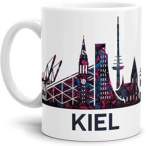 Tassendruck Kiel-Tasse Skyline - Kaffeetasse/Silhouette/Souvenir/Städte-Tasse/Mug/Cup/Becher/Beste Qualität - 25 Jahre Erfahrung - Weiss