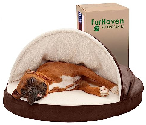 Furhaven Hundebett aus Memory-Schaum, rund, 88,9 cm, für große und mittelgroße Hunde, mit abnehmbarem, waschbarem Bezug, für Hunde bis zu 22,7 kg – Sherpa & Suede Snuggery – Espresso, 88,9 cm
