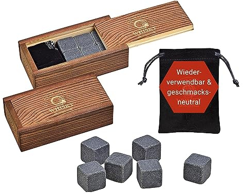WOMA Whisky Steine Set I 6 Kühlwürfel aus Basalt inkl. Samtbeutel & hochwertiger Holzbox I Wiederverwendbare Eiswürfel für Whiskey Wodka Gin Rum Tequila & Cocktails