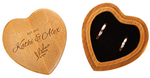 FORYOU24 Ringkissen als Herz aus Holz mit Gravur zur Hochzeit Motiv 01 hell - Ring Schatulle mit Deckel personalisiert, Namen und Datum, Holz Ringbox zur Trauung oder Verlobung, Ringträger