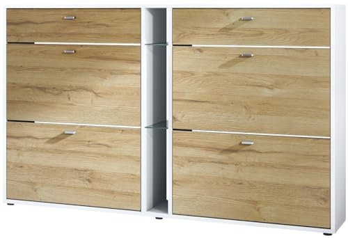 Vladon Schuhschrank Schuhkipper Today 155,5 x 95 x 28 cm, Made in Germany, Korpus in Weiß matt, Fronten in Eiche Natur