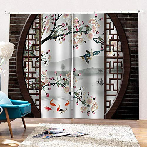 MXYHDZ Rideaux Occultant Chambre - Blanc Chinois Fleurs Oiseaux - 3D Impression Numérique Isolant Thermique - 200 x 160 cm - 90% Rideaux Occultant à Oeillets Moderne Rideau Fenêtre Chambre