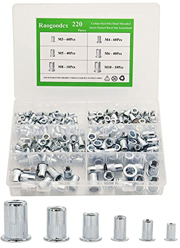 Lot de 220 écrous à rivets filetés à tête plate - Assortiment d'écrous - M3 M4 M5 M6 M8 M10