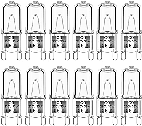 Haraqi 12Pack G9 Halogen Bulbs 33W 230V 2800K Warm White 390lm,Clear Capsule Halogen Lamps Dimmable, No Strobe, No Flicker