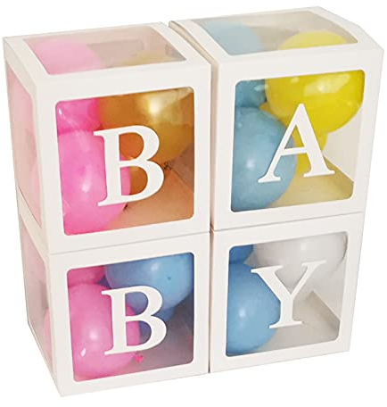 Baby Shower Dekoration Ballon Box, 4 Stück weiße transparente Ballonboxen mit 30 Buchstaben BABY + A-Z für Baby Shower Party Geschlecht Offenbaren Geburtstag Deko