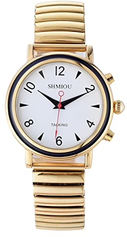 SHMIOU Montre parlante française pour Montre-Bracelet à Quartz à Voix Forte Unisexe pour malvoyants, Aiguilles Plus Longues avec Bracelet Extensible en Acier Inoxydable doré