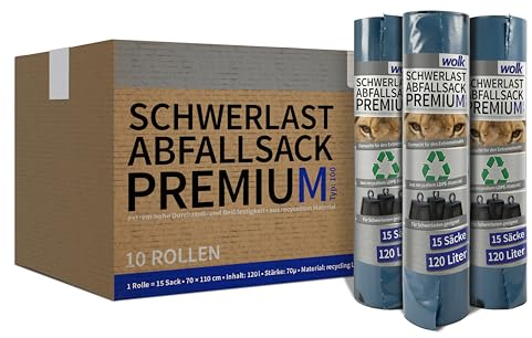 Schwerlast-Abfallsack Premium aus Recyling- LDPE - Stärke: 70 µ - Volumen: 120 l - 150 Stück (10 Rollen) - BxH: 70,0 x 110,0 cm - Blauer Sack für Garten, Baustelle & Betrieb