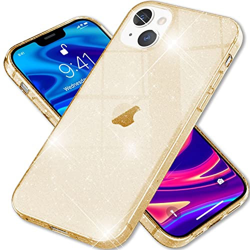 NALIA Clear Glitter Cover compatible with iPhone 13 Mini Case, Translucide Non-Yellowing Sparkly Integrated Diamond Sequins, Slim Protective Shiny Bling Bumper Silicone Coverage, Color:Gold