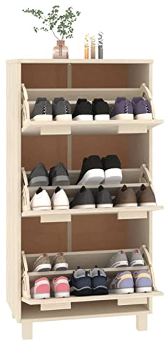 Gecheer Schuhschrank, Schuhkipper mit 3 Klappen, Schuhkommode Massivholz Kiefer Honigbraun 59,5x35x117 cm