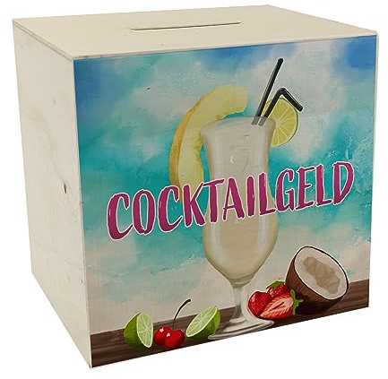Spardose aus Holz mit Pina Colada im Glas und blauen Wasserfarben - Cocktailgeld eine schöne Sparbüchse um etwas Geld für den EIN oder Anderen Cocktail an der Strandbar im