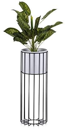 HowHomely Moderne Blumenständer Metall 55 cm Hoch mit Weiß Blumentopf Rund 19 cm Ø auf Robuste Schwarz Ständer - Pflanzenständer zur Dekoration Innenräumen