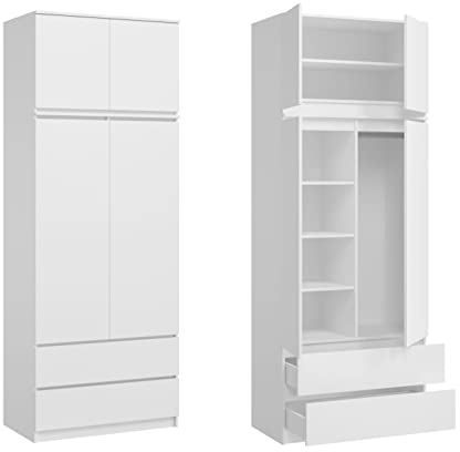 Home Collective Kleiderschrank Schrank weiß 235cm Höhe 90cm Breite mit 2 Schubladen, 3 Einlegeböden, Kleiderstange und Erweiterung Haushaltsschrank Organizer aus MDF Holz