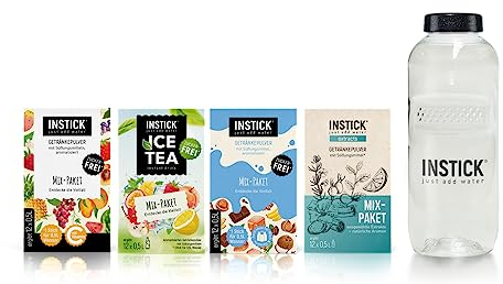 INSTICK Zuckerfreies Instant-Getränk (Bundle mit 4 Mix-Paketen + Trinkflasche 0,5 L) 4x12 Sticks - 1 Stick für 0,5-1 L - Veganes Getränkepulver Kalorienarm & Vitamin C - Instant-Pulver