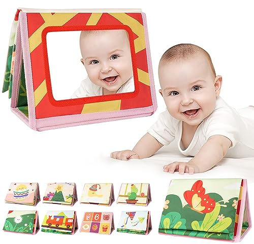 Aolso Baby Spiegel mit Knisterbuch,Baby Spielzeug 0-9 Monate, Faltbarer Baby Spiegel Spielzeug, Wahrnehmungs-Lernspielzeug für Neugeborenes, Geschenke für Babys-Bunt