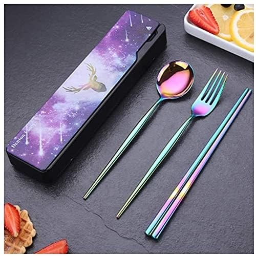 palillos chinos reutilizables Palillos reutilizables de acero inoxidable con degradado, tenedor portátil, cuchara, vajilla bonita para estudiantes, juego de tres piezas(Color:2)