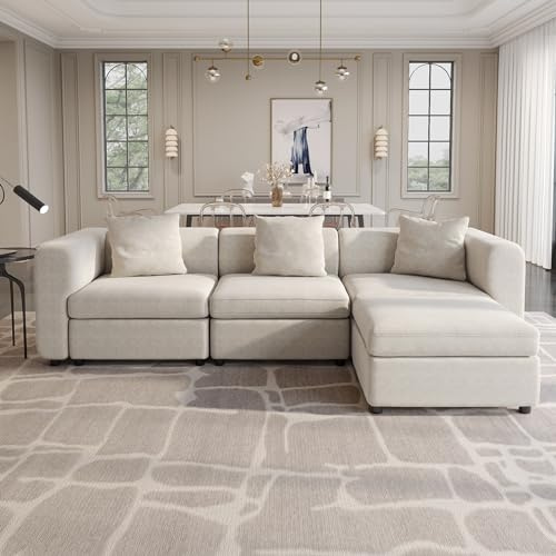 Guyii Velvet Sectional Sofa, Modern Oversized 4-Seater Sofa with 3 Pillows and Storage Footstool, 294CM Long Convertible Sofa with Cushions, L-Shaped Sofa for Living Room, Apartment, Home