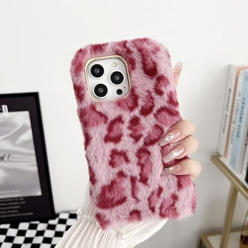 Unichthy For iPhone 14 Pro Max Case for Women Leopard Design Plush Girly Cover Fluffy Pocket Cover Soft Silicone Back Warm Winter Shockproof Lightweight Phone Case for iPhone 14 Pro Max - Deep Pink