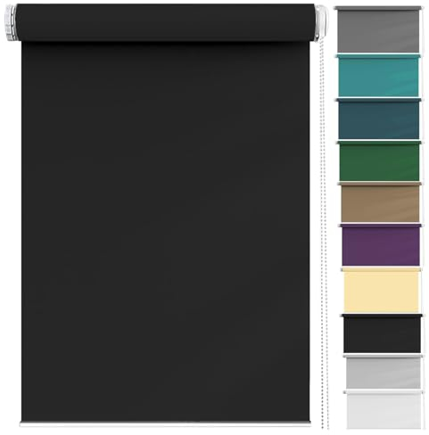 Verdunkelungsrollo Klemmfix ohne Bohren 115 x 210 cm Sichtschutz, Lichtschutz, Sonnenschutzrollo Seitenzugrollo Inkl. Aller Montage-Teile für Türen und Fenster, Schwarz