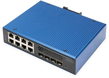 DIGITUS PoE Network switch - 12-port Gigabit Ethernet - 8x RJ45 + 4x SFP+-10 Gigabit - IP40 - L3 managed, VLAN - 10/100/1000 Mbit/s - top-hat rail mounting - Industrial series - black/blue