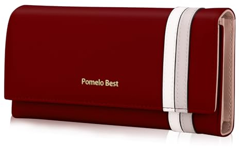 Pomelo Best Geldbörse Damen Portemonnaie Damen Gross RFID Blocker Schlanke Brieftasche mit Vielen Kartenfächer und Münzfach (Braun Rot)