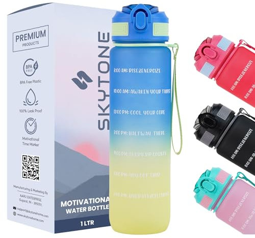 SKYTONE Bouteille d'eau de 1 litre avec marqueur de temps motivant pour adultes, bouteille d'eau non toxique pour le bureau, la salle de sport, la course à pied, le sport (1 L noir saphir) (bleu)