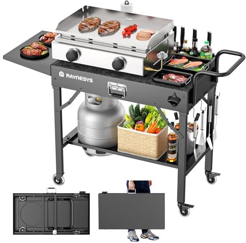 Raynesys Outdoor Grilltisch, Faltbarer Grillwagen mit Rädern für 17/22 Blackstone Griddle & Pizzaofen, Campingtisch mit großer Ablagefläche, Tragbarer Grillstand für Garten, Camping, 31x17