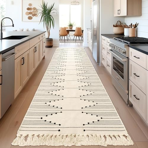 Tritard Boho-Teppich für Flur, waschbar, Bauernhaus, Azteken-Baumwolle, lang, leicht, mit Quasten, für Küche, Badezimmer, gewebt, niedriger Flor, dünner Teppich für Eingangsbereich, Schlafzimmer,