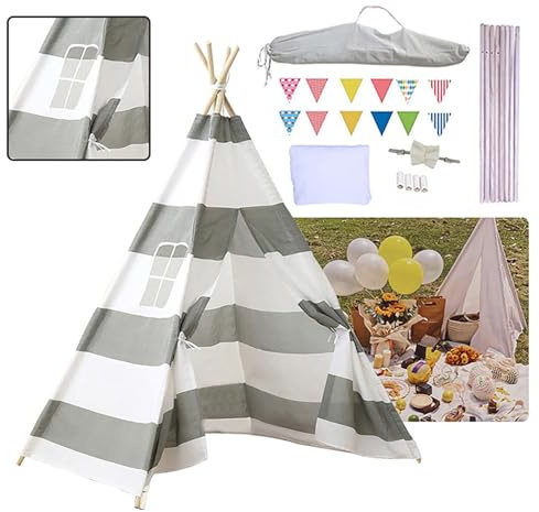 Putentfun Teepee Tent for Kids,Teepee Tent with Bunting Carry Bag,160cm,Foldable Children Play Tent for Girl & Boy,White&Grey Canvas Tipi Playhouse Toy for Indoor and Outdoor Games,Garden Beach Wigwam