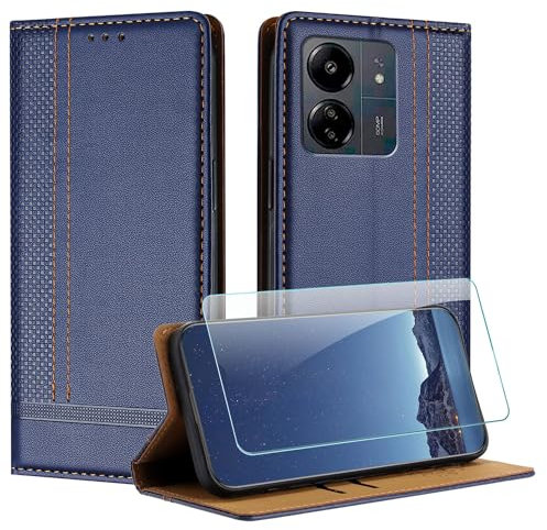 JayModCase Coque pour Xiaomi Redmi 13C / mi Poco C65 + Protecteur d'écran, Etui à Rabat Pochette de Portefeuille pour Xiaomi Poco C65 avec [Fermeture Magnétique][Stand Fonction][Porte Cartes] - Bleu