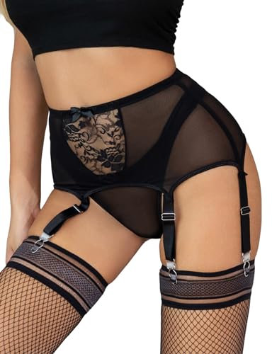 ohmydear Strapsgürtel Breit mit 6 Halter Strapse Spitze Große Größen Strumpfhalter Damen Strapsen Dessous Set Transparent High Waist Strumpfgürtel Garter Belt mit G-String Schwarz L