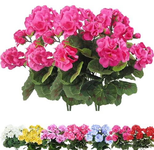 Künstliche Geranien, 35,6 cm, Seiden-Geranie, UV-beständig, kein Verblassen, Kunstblumen, volle Blüten, Seidenblumensträucher für Innen- und Außendekoration, 4 Stück