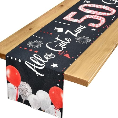 Tischläufer 50 Geburtstag Deko 50 Geburtstag Mann Frau Rot Schwarz Tischdeko Geburtstag zum Ihn Ihr Jahrestag Feier Party Dinner Tisch Leinen Tischdecke Deko für Zuhause, 183x33 cm