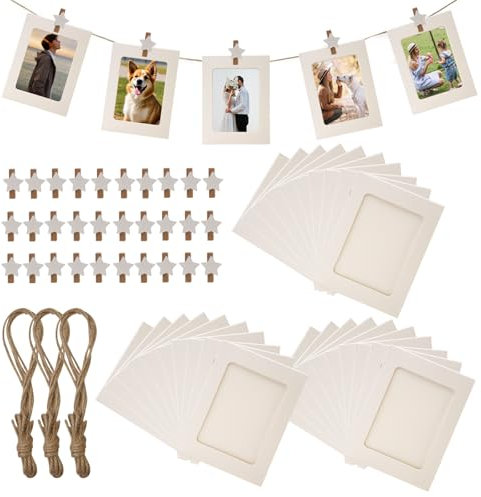 Orchideeknc 30 Stück Karton Fotorahmen, 10 x 15 cm weißes Papier Fotorahmen mit 30 Stück Holzklammern und 3 Stück Hanfseil, für Geburtstag Hochzeit Party Wand DIY Dekoration