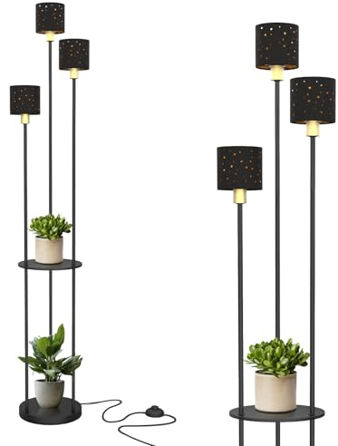 YU YUSING Stehlampe Wohnzimmer, 3-Flammige Stehleuchte mit Regal, Modern Standleuchte mit E14 Fassung, Stoff Lampenschirm, Fußschalter, Innenbeleuchtung für Whonzimmer Schlafzimmer Büro, 1.6m Schwarz