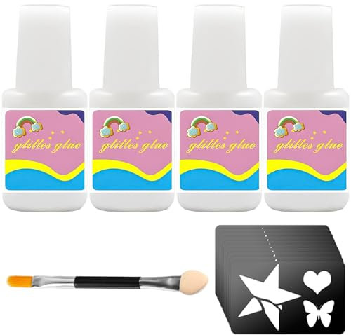 4 Stück Hautkleber für Glitzertattoos Kinder Glitzer Tattoo Kleber Kinder Kleber für Glitzertattoos für Karneval Partys Gesichtsmalerei Halloween Rollenspiel mit 10 Tattoo-Aufkleber 1 Pinsel (8 ml)