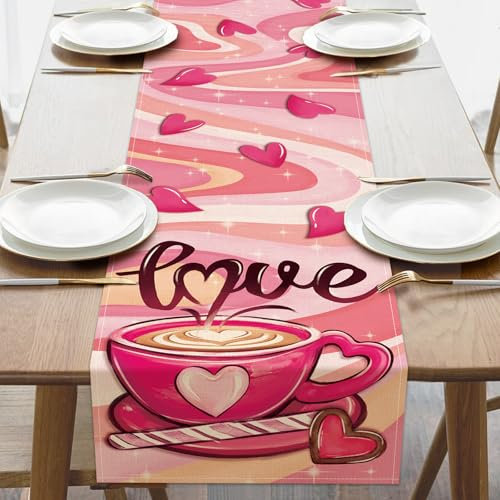 Croar Chemin de table basse pour la Saint-Valentin, cœurs roses, texture marbre, décoration de table de cuisine, salle à manger, anniversaire, mariage, toile de jute, décoration d'intérieur ou