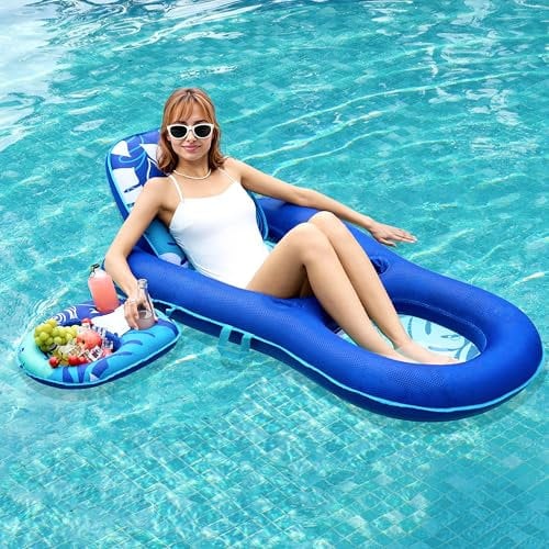 SLOOSH Matelas Gonflable pour Adultes, Transat de Piscine en Tissu Convertible 2-en-1, Bouée Flottante avec Porte-Gobelets et Dossier Réglable pour Détente et Fêtes Estivales (Bleu Foncé)