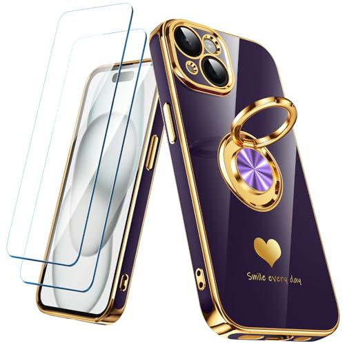 Nonional Compatible for iPhone 15 Case with 2 Pack Screen Protector, 360° Rotatable Ring Holder [Luxury Hearts Pattern] Plating Gold Edge Slim Soft Phone Cover Case for iPhone 15 - Purple