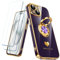 Nonional Compatible for iPhone 15 Case with 2 Pack Screen Protector, 360° Rotatable Ring Holder [Luxury Hearts Pattern] Plating Gold Edge Slim Soft Phone Cover Case for iPhone 15 - Purple