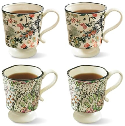Kaffeebecher aus Porzellan 4er Set, Vintage Kaffeetassen mit Blumen und Vogelmuster, 350ml Tasse Groß Kaffee Teetassen Set für Cappuccino Tee Geschenk Nachmittagstee (A)