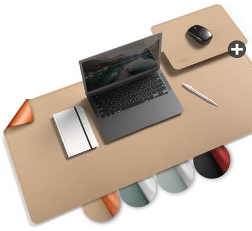 smøla Schreibtischunterlage aus PU-Leder I 85x40cm Abwischbar inkl. XXL Mauspad I Große Tischunterlage, Schreibunterlage – für Büro & Home-Office I Doppelseitig (Sand-Beige/Cognac)