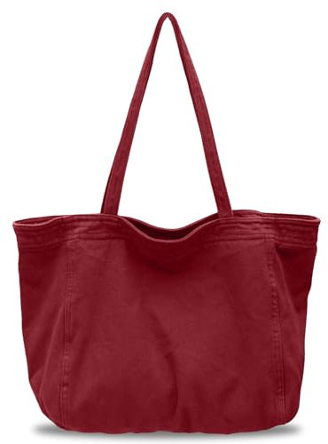 Boziee Denim/CanvasTasche Damen Shopper Groß Damen Tote Bag Beuteltasche Mit ReißVerschluss,Tragetasche Shopping Bag für School Schule Arbeit Büro Reisen Einkaufen Alltag (Canvas-Rot)